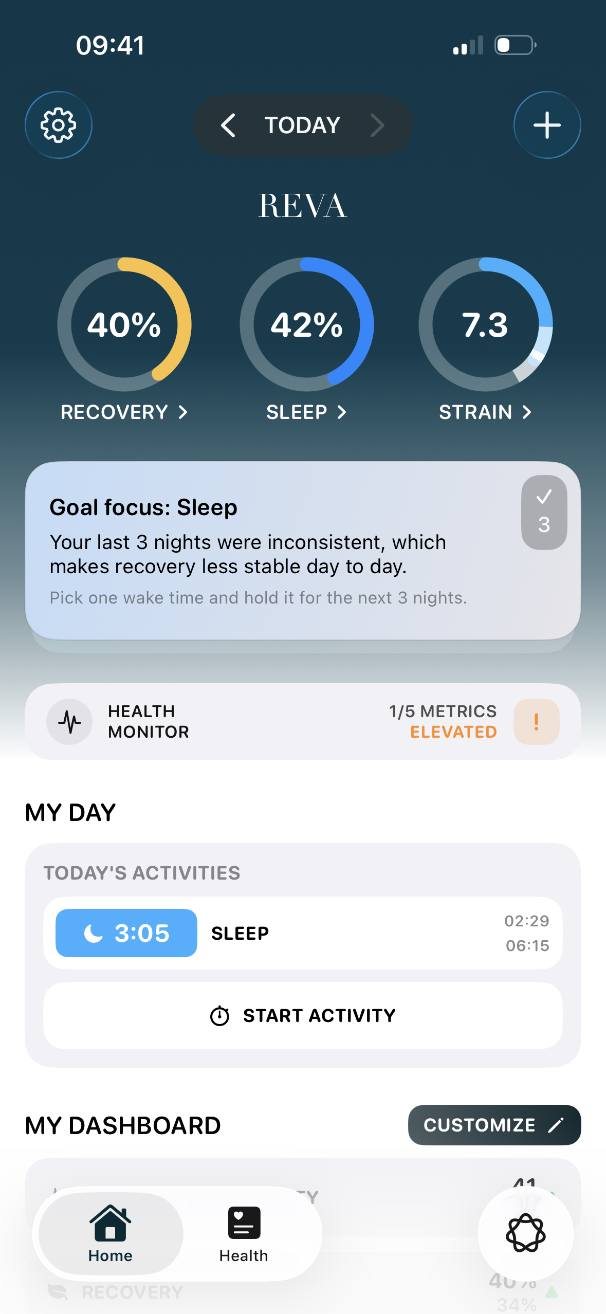 Reva app home screen showing recovery, sleep, strain, health monitor, and daily activity insights